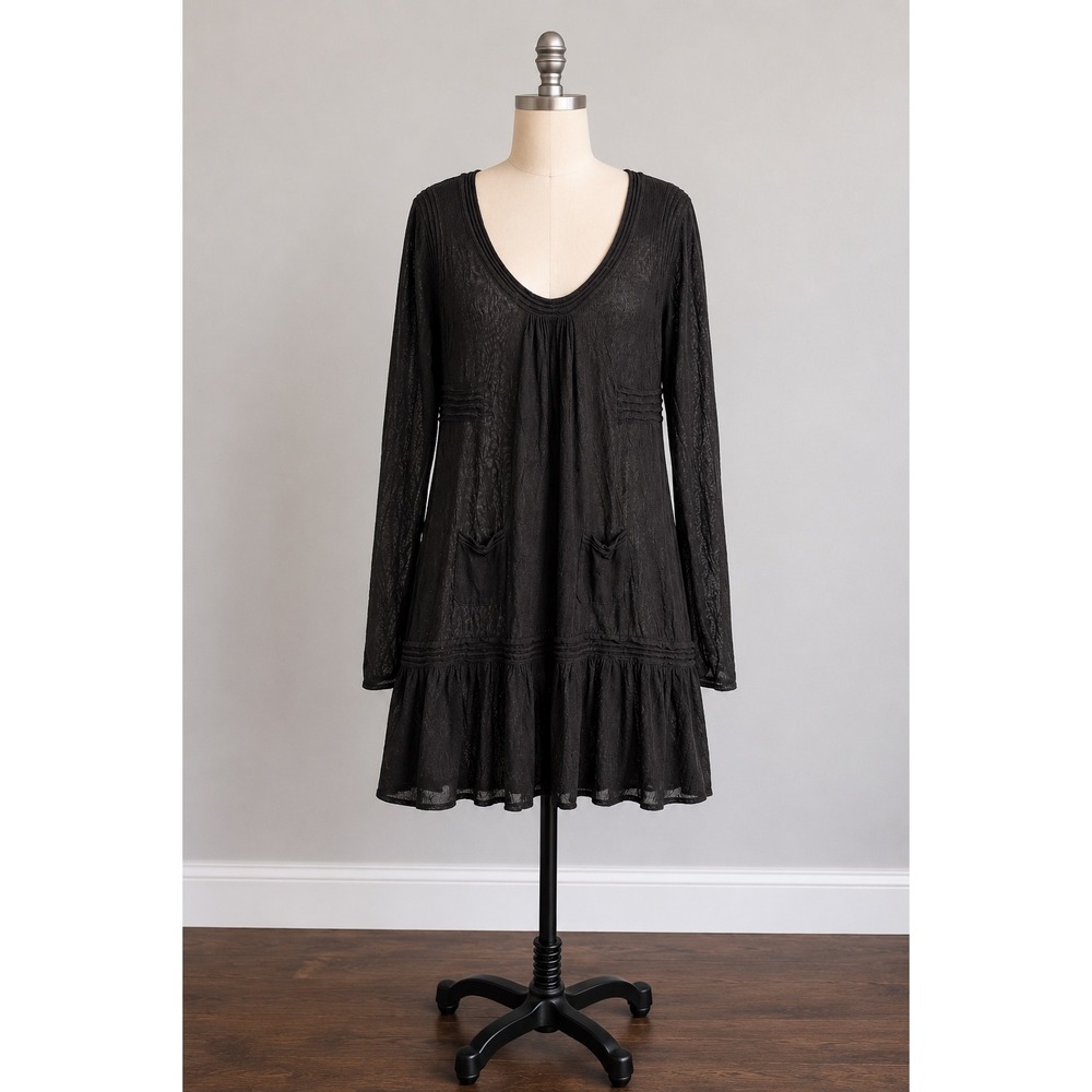 French Connection Dress Womens 12 Tunic Black Sheer Knit Ruffle Hem Boho Mini